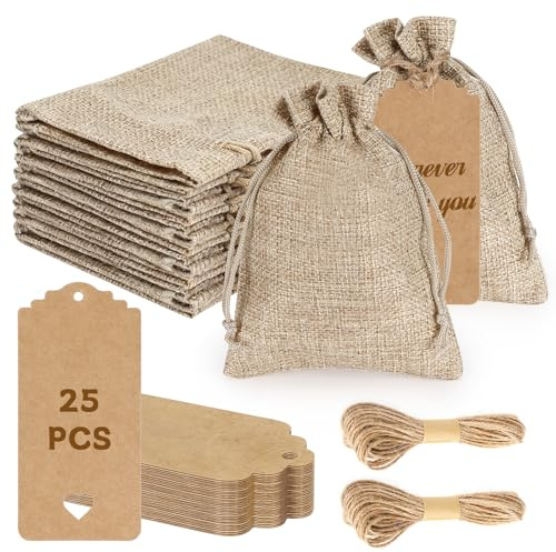 25 Stück Jutesäckchen, 10 x 14 cm Adventskalender Säckchen, Jute Beutel mit Kordelzug und Geschenkanhängern, Klein Geschenksäckchen Jutebeutel für Schmuck DIY Handwerk Hochzeit Party Weihnachte