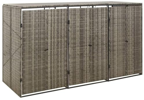 Triple Wheelie Bin Storage Shed - Grey Poly Rattan Cover for Trash & Recycling Bins, Outdoor Garden Organizer 207x80x117 cm