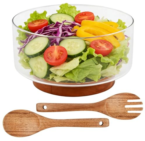Ziyonix 4200ML Ensemble de Saladiers en Verre avec Base en Bois D'acacia, Élégant Bols de Fête Grande Capacité avec Ustensiles de Service à Salade Plat de Service Polyvalent pour Salades Fruits Desser