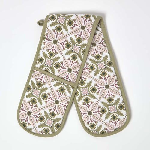 HOMESCAPES Premium Oven Gloves Heat Resistant, 100% Cotton, Green & Pink Motif, Heavy Duty Double Oven Mitts, Durable Potholders for Chefs, Kitchen, Cooking, Baking & Grilling