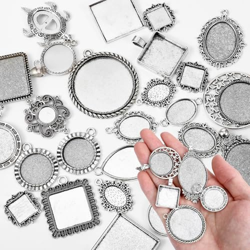 Apojgitn 100G Random Metal Tray: Assorted Bezel Necklace Blank Charms, Pendant Bezels for Resin Jewelry Making with Glass Cabochons, Bails, Ring Blanks, Jewelry Bails & Findings(Blind Box)