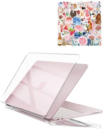 ProCase Hard Shell Case for New MacBook Neo 13 inch 2026 Model A3404, Ultra-Thin Protective Laptop Cover with 50 Pcs Sticker, Crystal Clear & Pink Stickers
