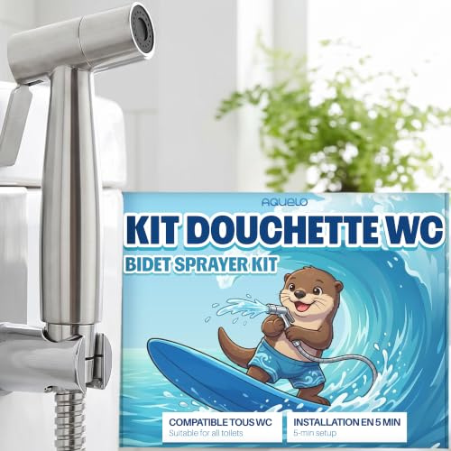 AQUELO Douchette WC avec Flexible Inox 150cm et Support Mural - Kit d’Hygiène Intime pour Toilettes - Jet Réglable Confortable - Installation Facile - Idéal Salle de Bain, Maternité et Camping-Car
