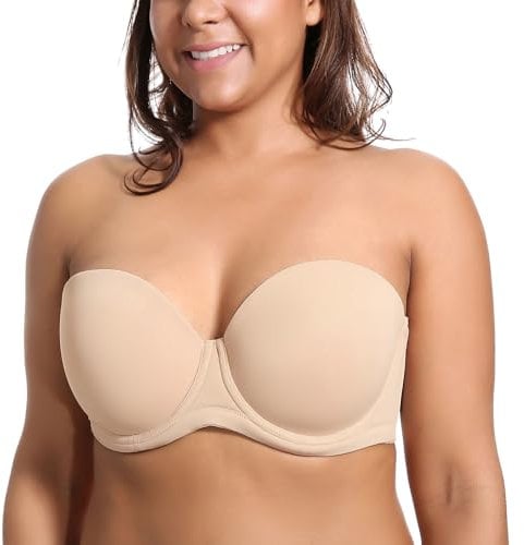 DELIMIRA Donna Reggiseno Senza Spalline Push Up Invisibile Taglie Forti Multiuso con Ferretto Coppe Modellate Beige 5C
