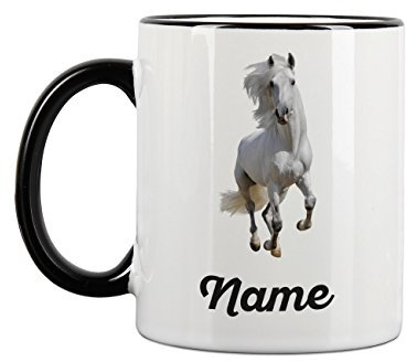 Striefchen® Tasse mit Pferd bedruckt und deinem Wunschnamen weißes Pferd