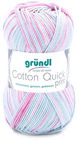 Gründl Cotton Quick Print Strickgarn / Häkelgarn (farbenfrohes Garn aus 100% Baumwolle, OEKO-TEX zertifiziert, 50 g / 125 m, Nadelstärke: 3 - 4, 1 x 50 g), Rose-Mint-Weiß-Mix Color