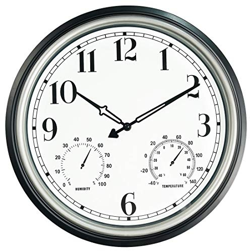 Rsobl SecreShow 40,6 cm große Wanduhr für drinnen und draußen, wasserdicht, Nicht tickend, mit Thermometer und Hygrometer, batteriebetriebene Uhr, Wanddekoration, Silber