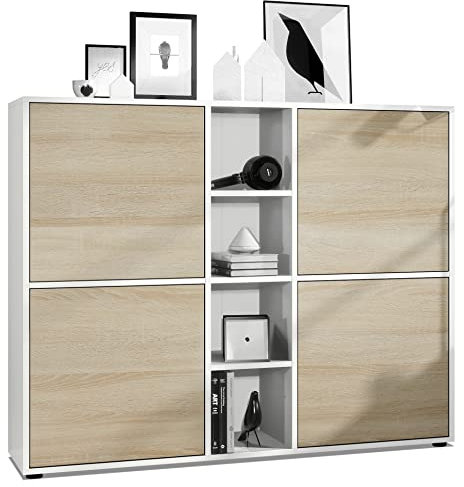 Vladon Highboard Cuba V3, Made in Germany, Weiß matt/Eiche sägerau - Moderne Anrichte mit 12 Fächern (130,5 x 105,5 x 35,5 cm)