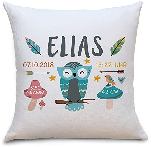 OWLBOOK Geburtskissen Eule Boho Flauschiges Kissen mit Namen und Geburtsdaten Geschenke Geschenkideen zur Geburt Baby Kind Mädchen Junge zum Geburtstag