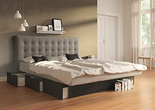 SuMa - komplettes Wasserbett 200x210 dual Schubkastenbett mit 6 Fächern schwarz und Kopfteil Nuevo, Farbe lightgrey 200x210 cm