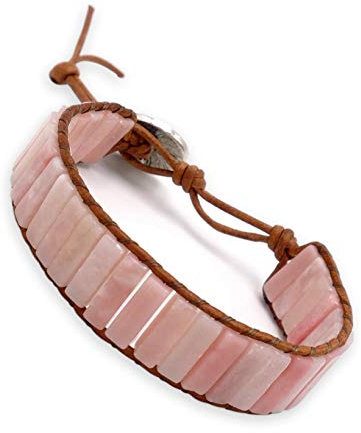 BENAVA Damen Edelstein Armband aus Opal Stein Rosa | Yoga Armband Verstellbar mit Leder Band | Boho Ethno Schmuck 16-24 cm