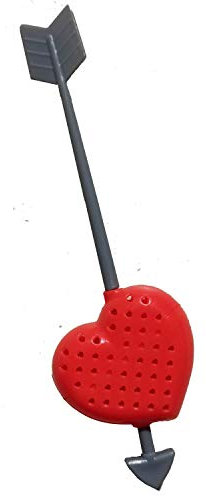 Teesieb Teefilter für losen Tee 16cm lang in Herzform mit Amors Liebespfeil, rot, grau, tolles Geschenk für Teeliebhaber