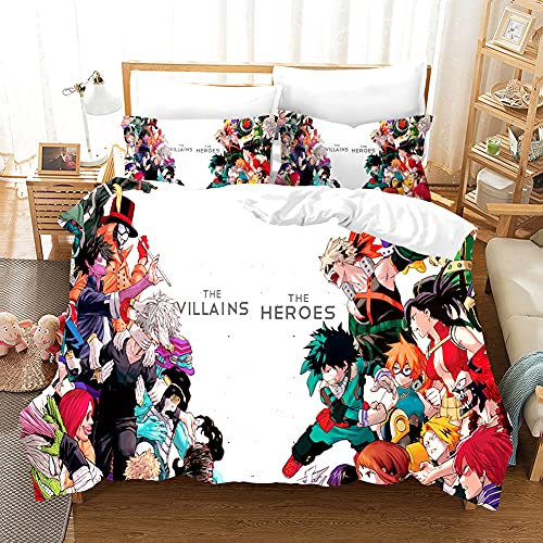 PTNQAZ Anime My Hero Academia Bettwäsche-Set für Kinder, Bettbezug-Sets mit Kissenbezügen, Cartoon-Heimtextil-Dekoration, Bettwäsche für Jungen (ohne Bettlaken) (Einzelbett)