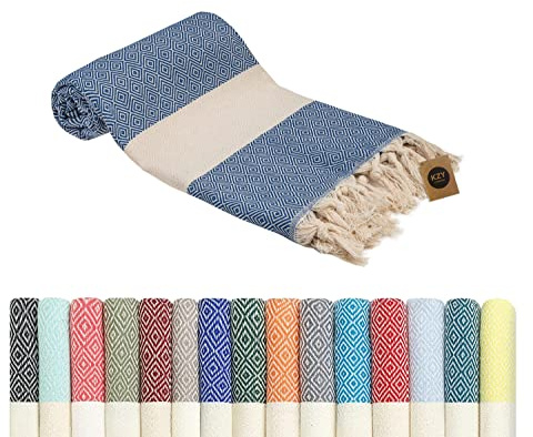KZY LONDON Beach Towel - Large Turkish Beach Towels for Camping, Swimming, Bath, Gym, Picnic - Quick Dry, Super Absorbent, Lightweight, Compact Cotton Hammam Towels for Adults, Men, Kids (Blue, 1)