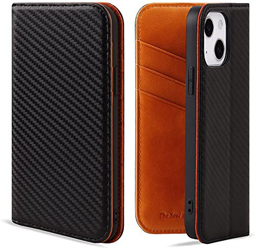 VISOUL iPhone 13 Hülle, Handyhülle [100% Karbonfaser-Leder] [RFID Schutz] [Schützt vor Stoß] [Standfunktion] [Kartenfach] [Magnet], TPU Handytasche Kompatibel für iPhone 13 Orange