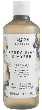 I LOVE I Love Naturals Bagnoschiuma alla fava tonka e mirra, oli naturali di patchouli e mirra, formulato con oli essenziali per una pelle liscia come la seta e idratata, 500 ml