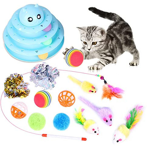 WANGCL 14 Pack Cat Toys Interactive for Indoor Cats Kitten Toy Fun Roller Exerciser 3 Level Cat Teaser Ball Toys Cat Feather Wand Toy