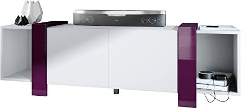 Vladon Lowboard Ida 149 x 45,5 x 34 cm TV-Board mit 4 Fächern und PTO-Türen, Made in Germany, Korpus in Weiß matt, Blenden in Brombeer Hochglanz | Große Farbauswahl