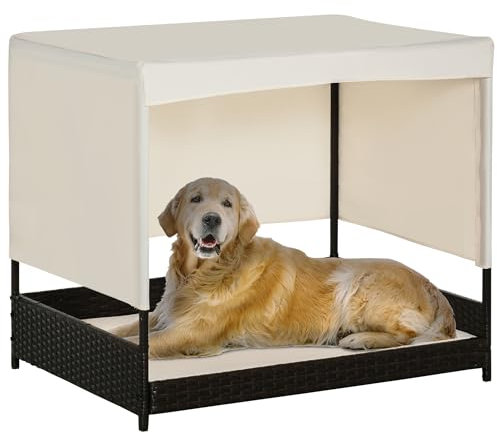 PawHut Lit Surélevé pour Chien Chat avec Coussin et auvent Toile Amovibles pour Extérieur et Intérieur dim. 91L x 71l x 81H cm résine tressée