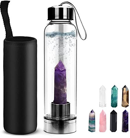 Tyuodna Wasser Heilsteine Flasche,Crystal Infusion Trinkflasche,Heilende Natürliche Wasserflasch,Auslaufsichere Quarz-Kristall Glas,Kristalltherapie, Edelsteinflasche(Amethyst + Flasche)