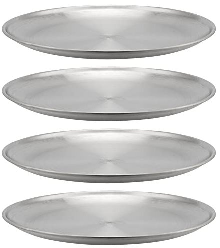 MOUYAT 4 PCS 12 Inch Large Stainless Steel Plate, 30cm Round Dinner Metal Plates, Metal Salad Steak Plates Reusable Dinner Dish for Eating Serving Camping Outdoor BBQ Home Kitchen, Polished Silver