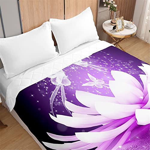 Odot Tagesdecke Bettüberwurf Steppdecke für Doppelbett Einzelbett Kinder, 3D Blumen Bettdecke Stepp Decke Tagesdecken mit Präge Wohndecke Gesteppt Klimaanlage (180x220cm,Lila Lotusblüte)