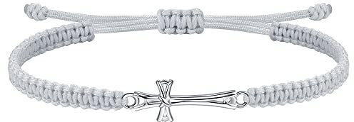 J.Endéar Kreuz Armband Silber 925 für Damen, Handgefertigtes Geflochtenes Armband Verstellbare Kordel Kommunion Geschenk Mädchen Christlicher Geist Schmuck für Herren Männer, Grau