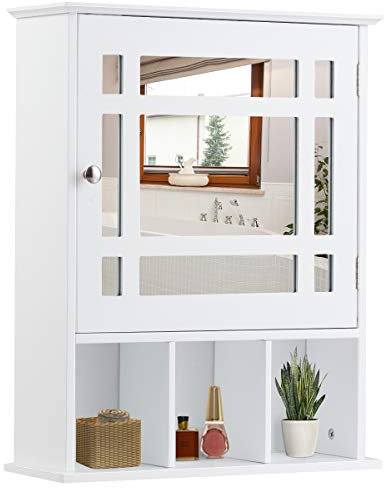 LIFEZEAL Specchio Bagno Contenitore in Legno, 50 x 16 x 61 cm, Armadietto Sospeso Lavabo con HD Specchi, Pensile a 2 Rapiani e 3 Scomparti Portaoggetti Aperti, Mobiletto salvaspazio da Parete, Bianco