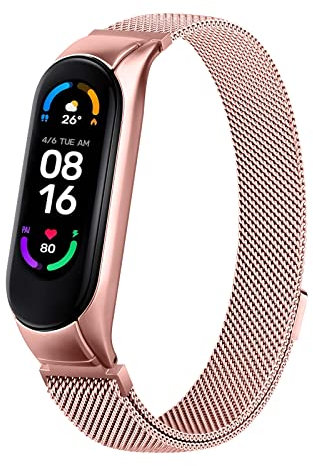 AK Correa para Xiaomi Mi Band 5 Xiaomi Mi Band 6,Metal Pulseras de Repuesto Inoxidable Acero Ajustable Correas para Mi Band 6 & Mi Band 5(Rosa)