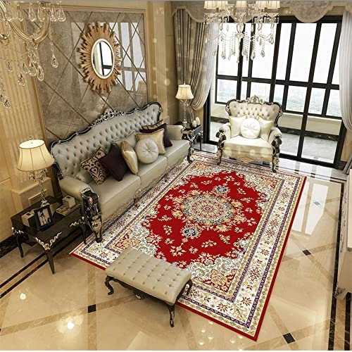 Kunsen Teppich Wohnzimmer Rund Carpet Bedroom Wohnzimmer Teppich Dunkelrote Blumen Retro-Muster Teppich Raum Langlebig 200X250Cm Teppich Waschbar Rot