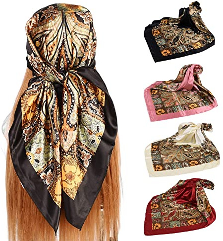 upeilxd 4Pcs Silk Head Scarves for Women Satin Hair Scarf 35”Large Square Bandana Silk Like Neck Scarf Shawl Sleeping Headscarf (Black/Red/Pink/Beige)