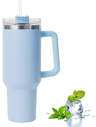 Thermobecher mit Griff 30oz/ 40oz Thermobecher mit Deckel und Strohhalm, Reisebecher mit Henkel, kaffeebecher mit strohhalm, Thermobecher Kaffeetasse für Heißer und Kalter Getränke (Blau 40 oz)