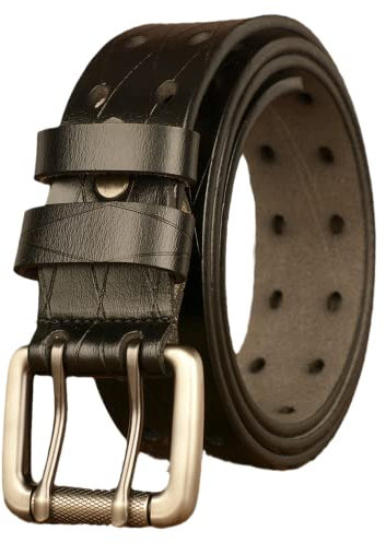YOPADO Leder Gürtel Herren Mit Doppeldorn Schließe Geprägte Ledergürtel Mit Doppel-Loch Jeansgürtel Kürzbar Für Männer Jeans Anzug (130cm/waist:45, Black)