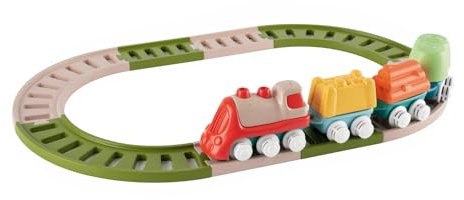 Chicco Baby Railway Eco+, Trenino per Bambini in Plastica Riciclata, 2 Configurazioni, Treno A Ruote Libere, Include 18 Pezzi, 1 Locomotiva, 3 Vagoni, Sviluppa creatività e Manualità, 18 Mesi-3 Anni