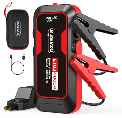 S ZEVZO ET03 Car Jump Starter 4000A Jump Starter Battery Pack for Up to 8.0L Gas and 7.0L Diesel Engines, 74Wh Portable 12V Jump Box with USB Ports, LCD Display, Storage Case, and LED Light