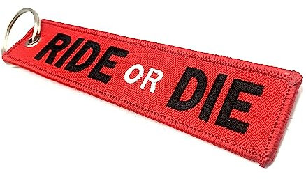 SNS Components Ride Or Die Red Caution Bike Motorrad gewebter bestickter Gepäckanhänger Schlüsselanhänger Schlüsselanhänger, rot, One size
