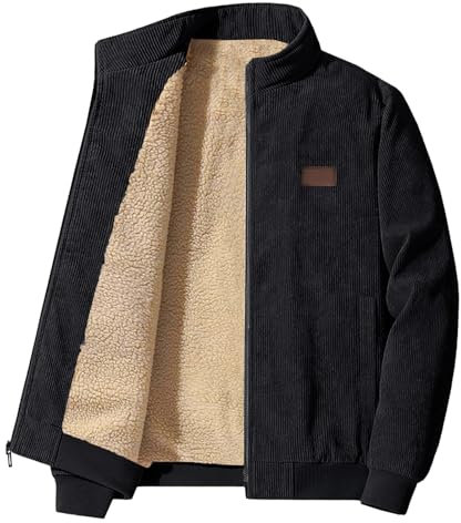 Elegancity Herren Jacke Cordjacke Stehkragen Teddyfell Gefütterte Regular Fit Reißverschluss Winterjacke Warme Mit Taschen Schwarz, L