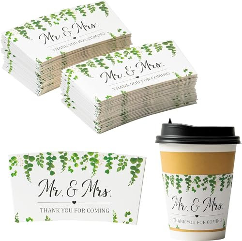 EGuangwiua Wedding Coffee Cups Sleeves - 50Pcs Eucalyptus Greenery Coffee Tea Cold Drinks Beverage Cup Sleeves Holder Disposable Greenery Kraft Paper Kit 12oz & 16oz Wedding Anniversary Party Supplies