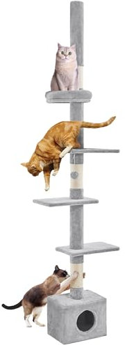 Yaheetech Árbol para Gatos Torre Rascador para Gatos de Suelo a Techo en Altura Ajustable 226-265,5 cm con Cueva 4 Plataformas y Perchas de Sisal Gris