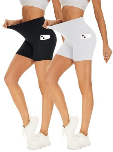 Missluck 2er Pack Radlerhose Damen Hohe Taille Kurze Sporthose Shorts Sommer Leggings Blickdicht Hotpants Unter Kleider für Yoga Sport, L-XL, Schwarz/Weiß-mit Taschen