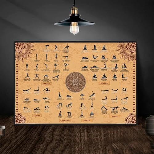 SHINERING Hatha Yoga 62 Asanas Vintage Poster Druckt Das Achtsame Wort Yoga Leinwand Malerei Wandkunst Für Wohnzimmer Home Decor 30Cmx40Cm Kein Rahmen