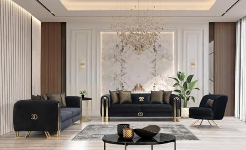 ADIS Samt Wohnlandschaft - Sofagarnitur 3-3-1 Set in Grau Schwarz - Orientalische Möbel für Wohnzimmer