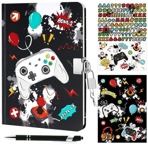 WERNNSAI Diario para niños, kit de diario de juegos, diario luminoso para niños con candado y llaves, diario de juegos para niños, cuaderno de escritura con líneas de videojuegos A5