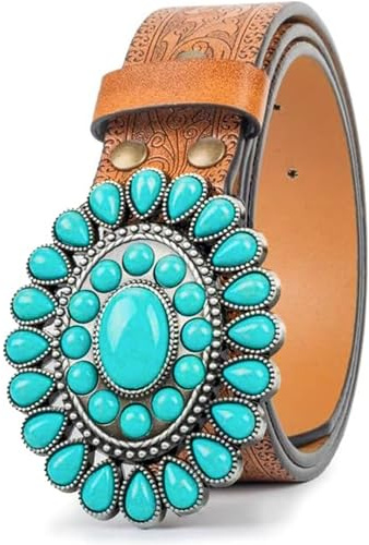 UTOWO Damen-Western-Gürtel mit Türkisen, geprägtes PU-Leder, Cowgirl-Gürtel, Applikationen, Jeans, Hosen, Kleider für Rodeo-Country-Konzert
