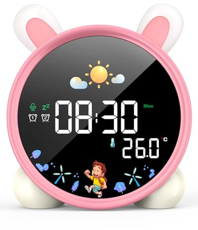 LEMNOI Réveil Educatif Jour Nuit Reveil Enfant Chatte 5 Couleurs Lumineux LED Lampe de Chevet avec Musique,Double Alarme,Température,Fonction Snooze (Lapin)