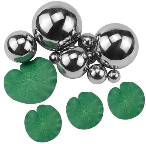 Rierousy Schwimmkugeln für Miniteich Silber Miniteich Deko 2-10cm mit 3 Schwimmend Lotusblätter für Teich Deko Garten Teichdeko Miniteich Teichbecken Deko Kugeln Garten