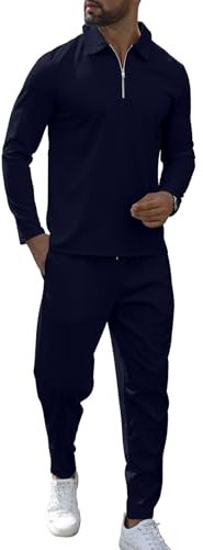 KUYIGO Men's 2 Piece Tracksuits Set Zipper Polo Sweatshirt and Jogging Bottoms Outfits Long Sleeve Pullover Set Waffle Warm Loungewear Suit L Deep Blue