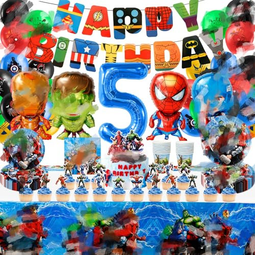 Hero Party Decorations, 102Pcs Hero 5th Birthday Decorations, Movie Ballons Party Supplies with Ballon Cake Toppers Decorations, Happy Birthday Banner, Paper Cups Plates, Table Cloth
