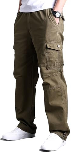 OlmecsHKEU Herren William Cargohose aus Baumwolle m. 7 Taschen inkl. Gürtel Outdoorhose Armeegelb XL