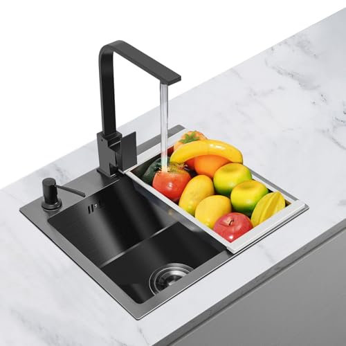 OUBUBY Fregadero pequeño de acero inoxidable con grifo negro, 38 x 28 cm, para armario bajo, incluye grifo de cocina giratorio 360°, dispensador de jabón, juego superior y desagüe